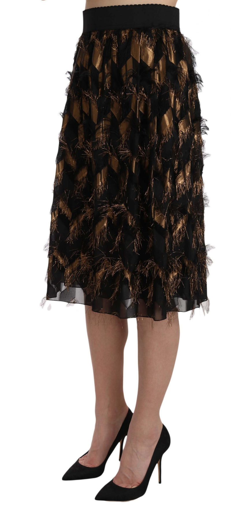Jupe crayon trapèze métallisée à franges dorées et noires de Dolce &amp; Gabbana