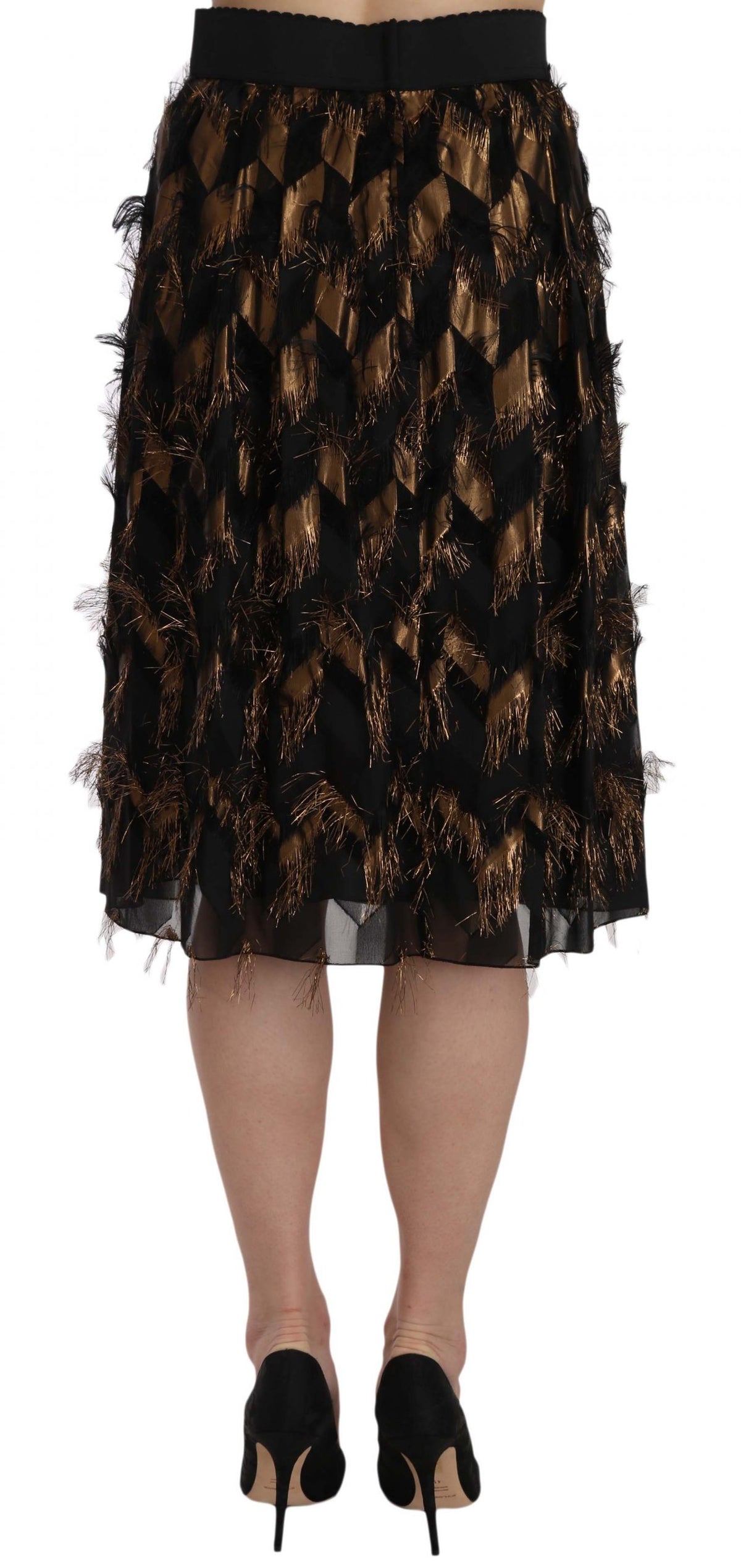 Jupe crayon trapèze métallisée à franges dorées et noires de Dolce &amp; Gabbana