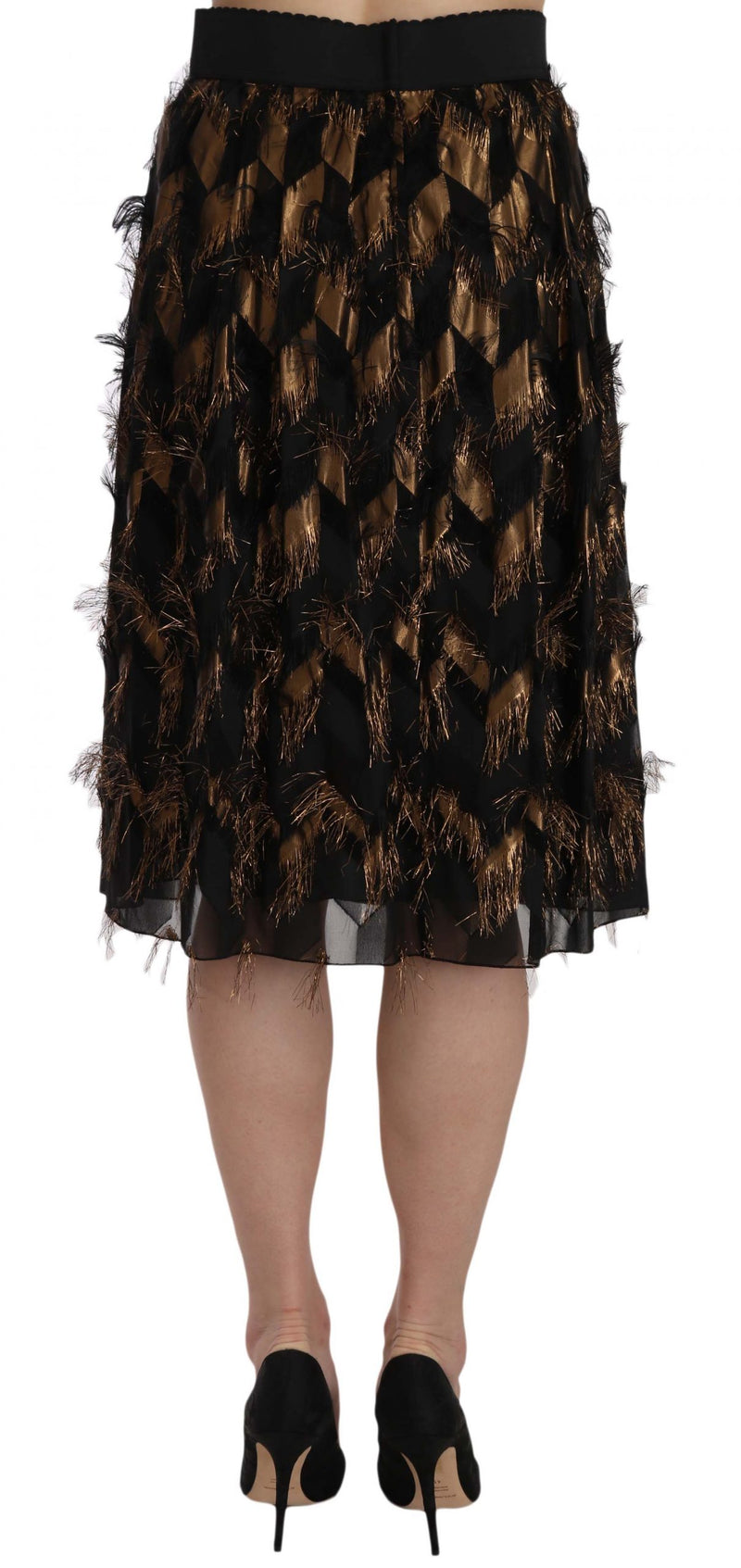 Jupe crayon trapèze métallisée à franges dorées et noires de Dolce &amp; Gabbana