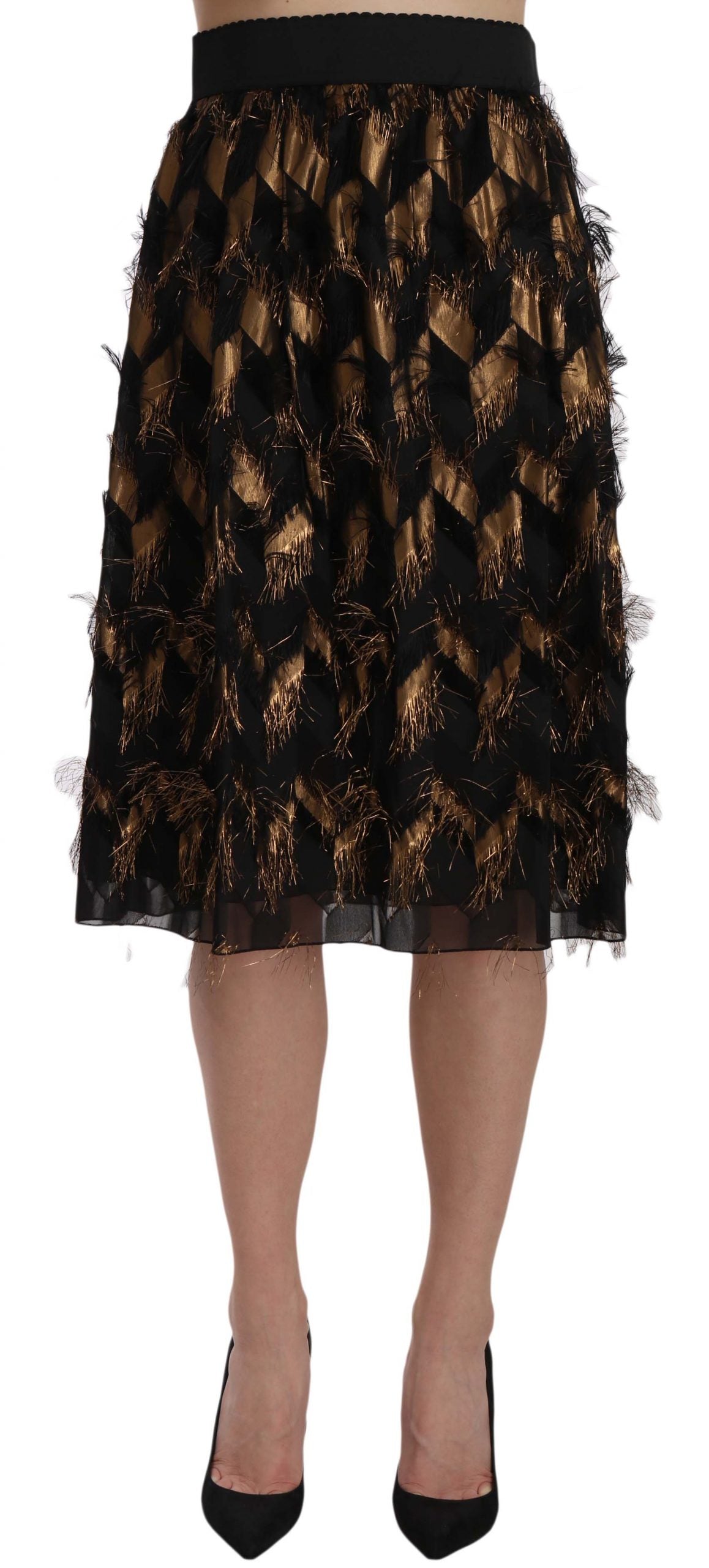 Jupe crayon trapèze métallisée à franges dorées et noires de Dolce &amp; Gabbana