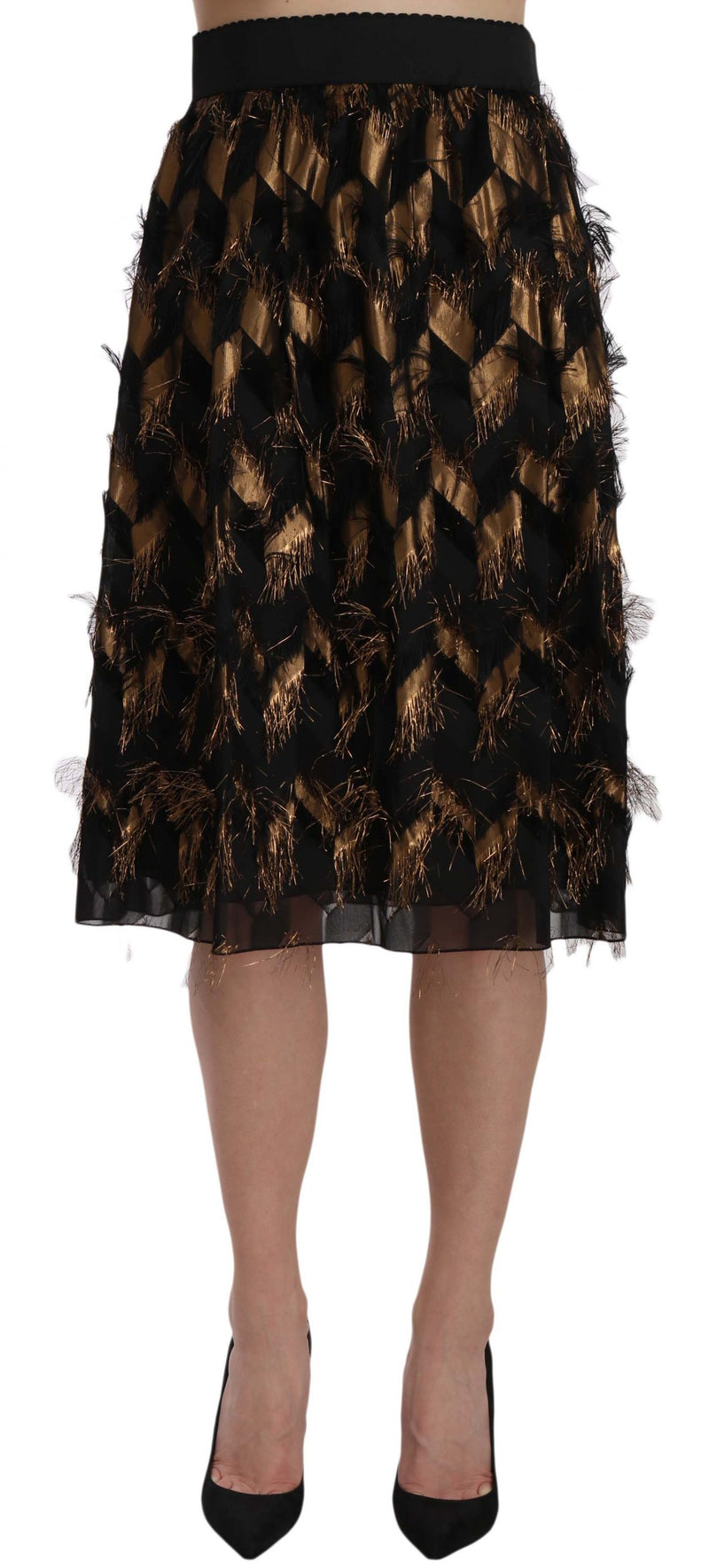 Jupe crayon trapèze métallisée à franges dorées et noires de Dolce &amp; Gabbana