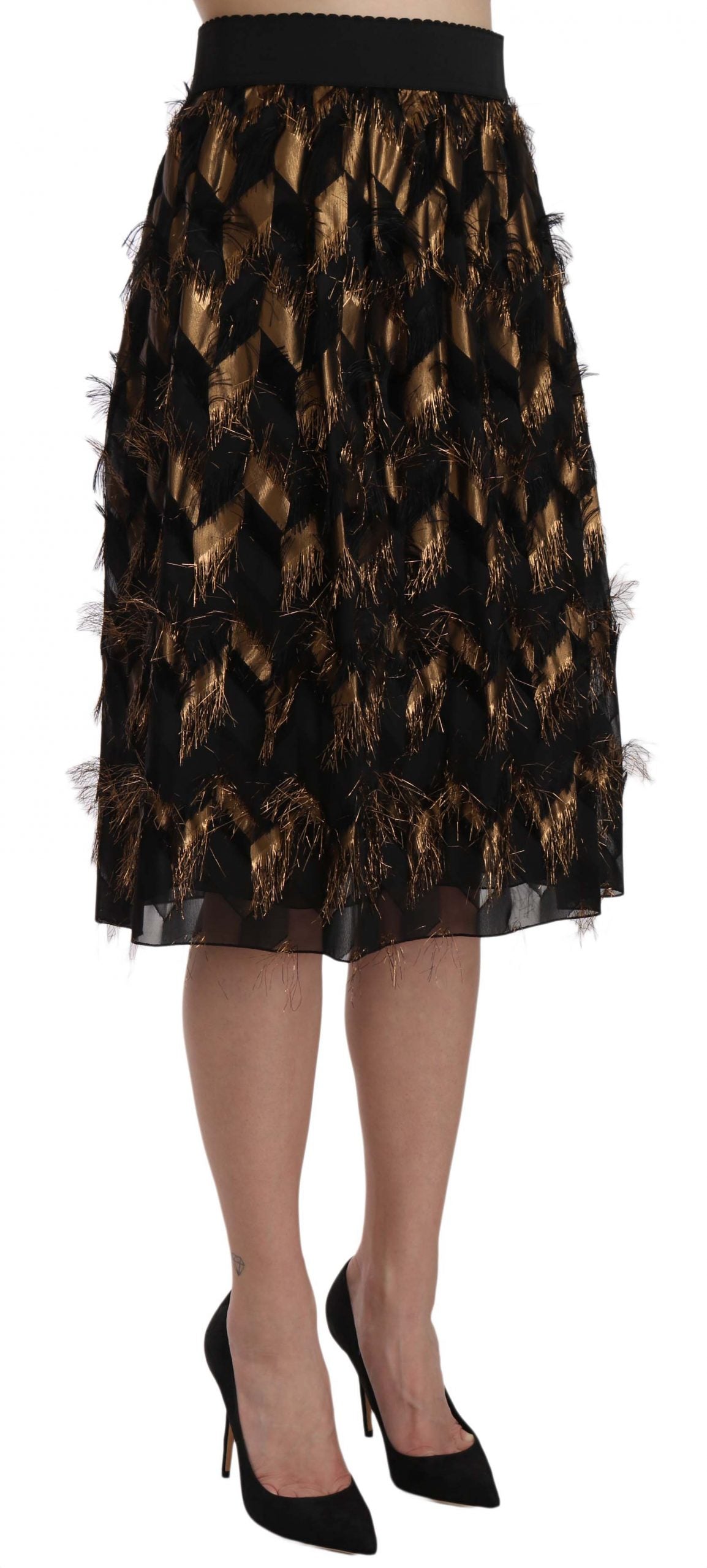 Jupe crayon trapèze métallisée à franges dorées et noires de Dolce &amp; Gabbana