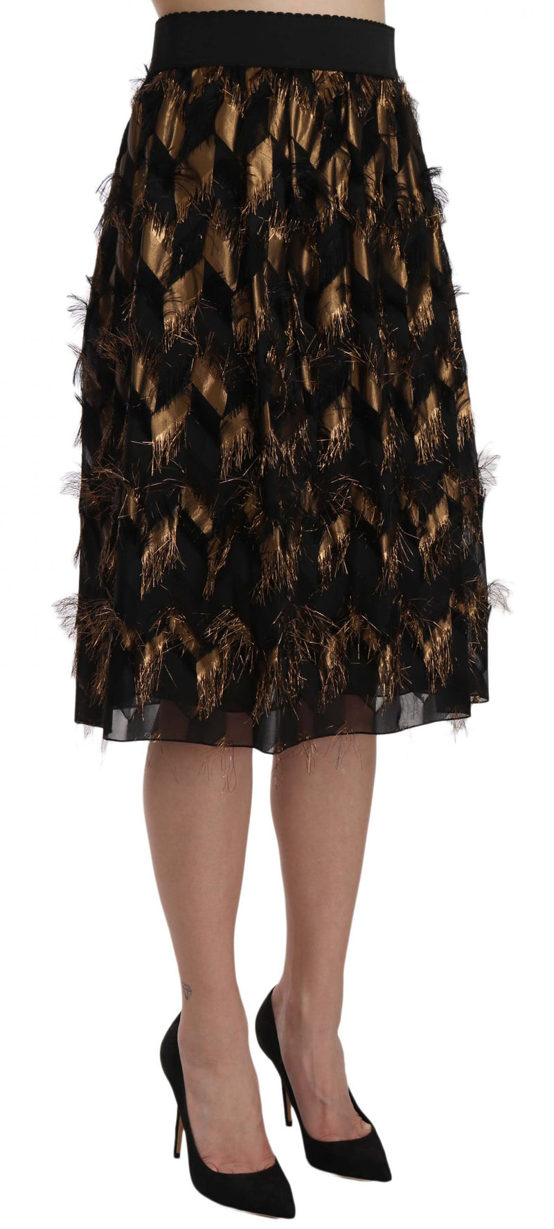 Jupe crayon trapèze métallisée à franges dorées et noires de Dolce &amp; Gabbana