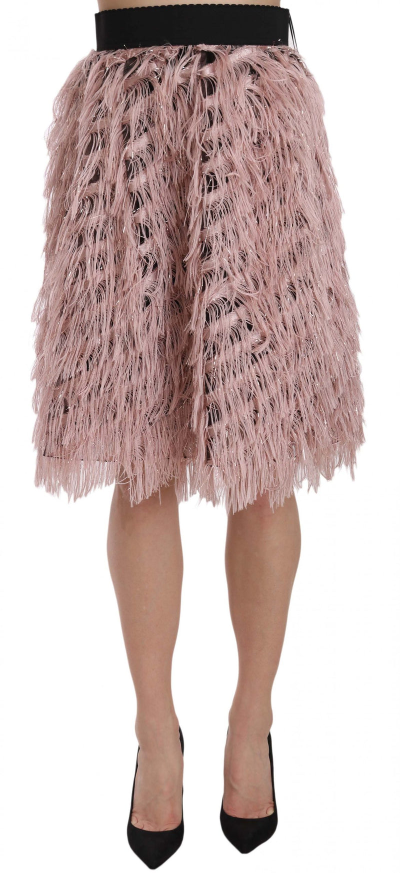 Jupe crayon trapèze métallisée à franges dorées rose de Dolce &amp; Gabbana