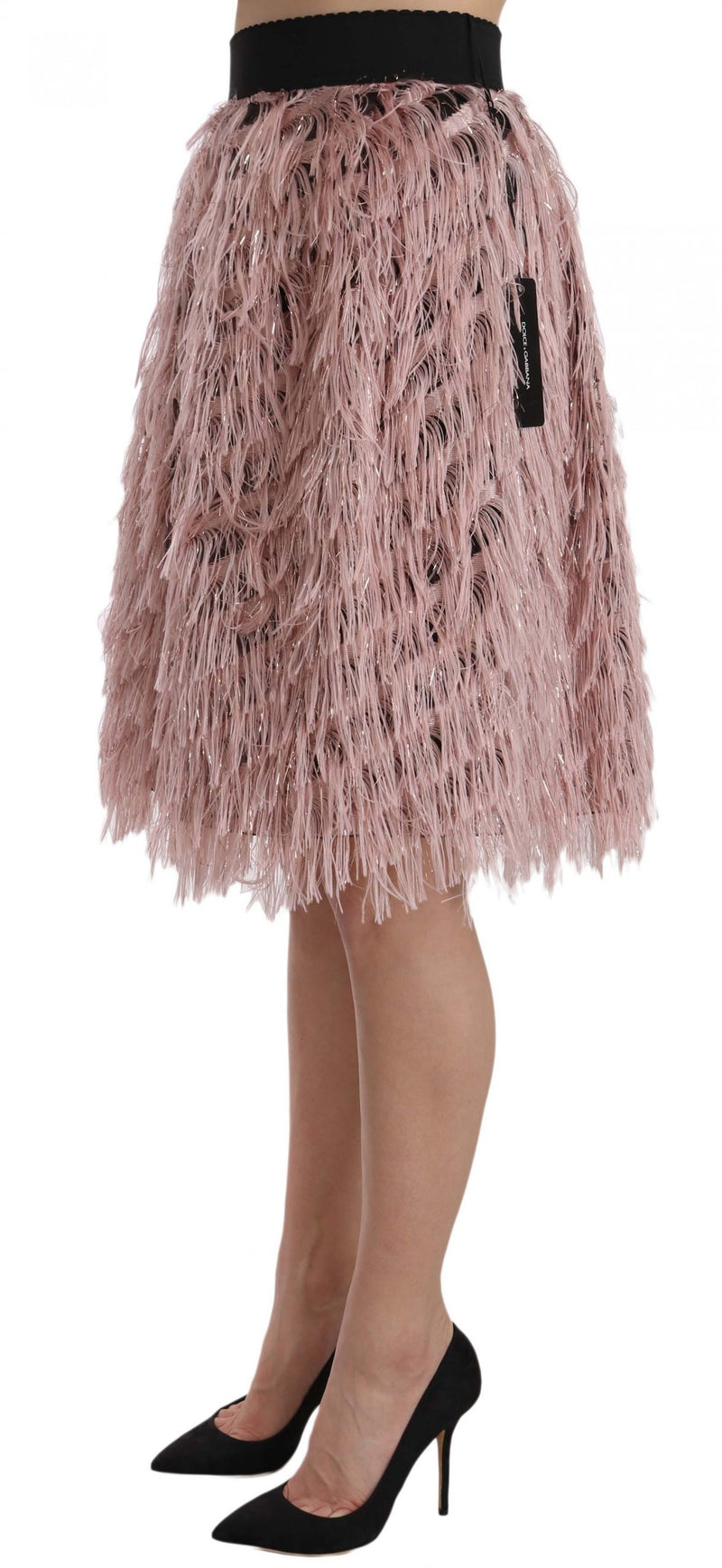 Jupe crayon trapèze métallisée à franges dorées rose de Dolce &amp; Gabbana