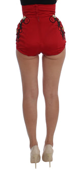 Short en soie rouge à motifs de roses et cristaux de Dolce &amp; Gabbana