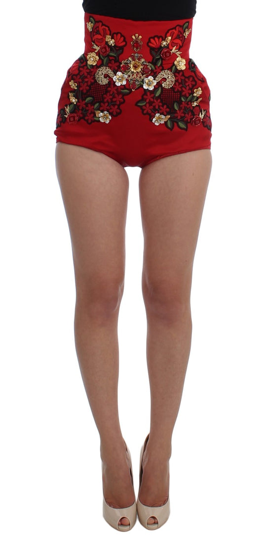 Shorts en soie rouge à motifs roses et cristaux de Dolce & Gabbana