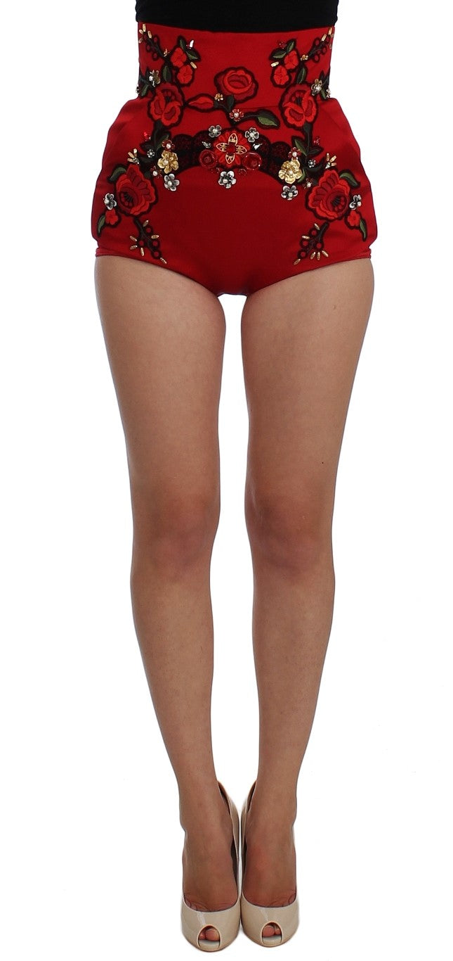 Short en soie rouge à motifs de roses et cristaux de Dolce &amp; Gabbana