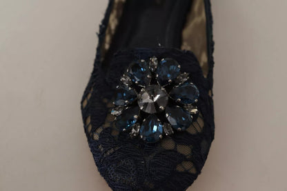Dolce & Gabbana Blue Crystal Loafer Lace Ballet Flats Shoes
