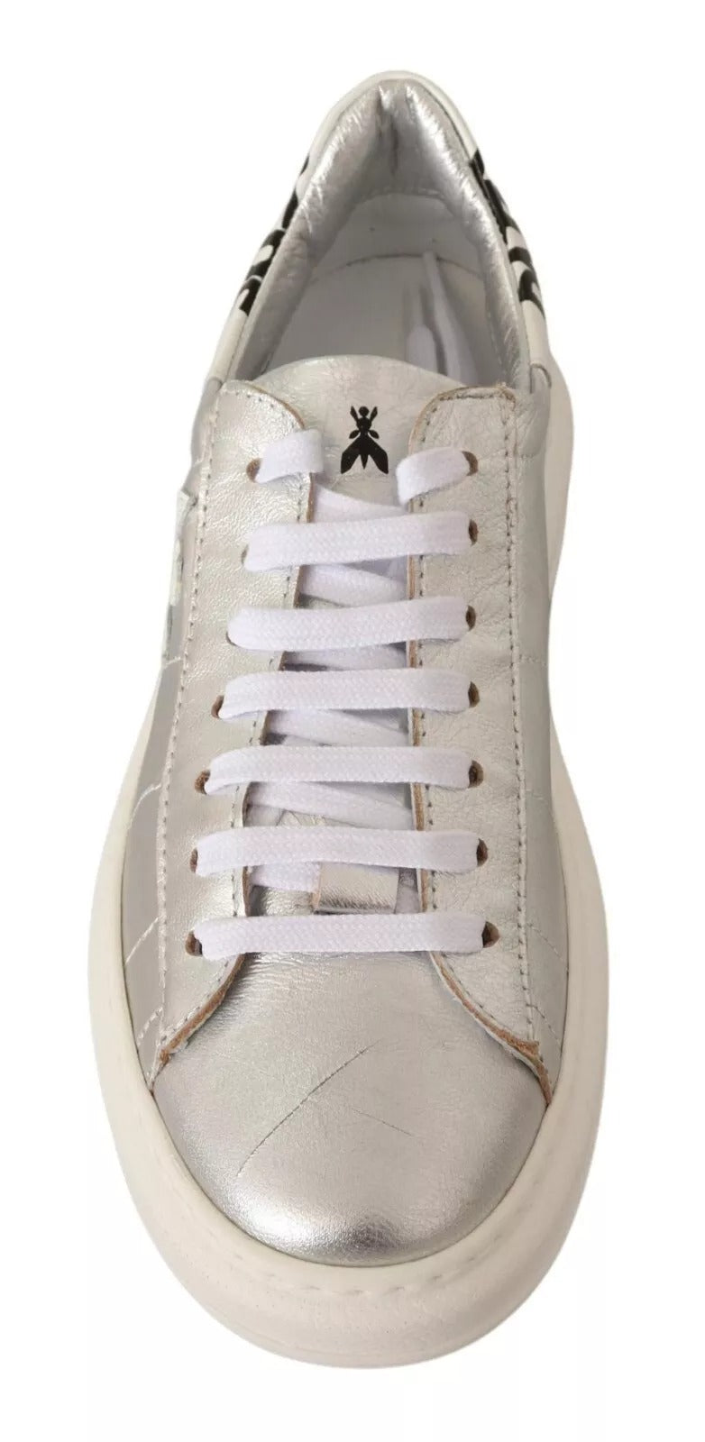 Patrizia Pepe Sneakers en Cuir Plein Grain Argenté à Lacets