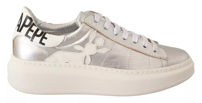 Patrizia Pepe Sneakers en Cuir Plein Grain Argenté à Lacets