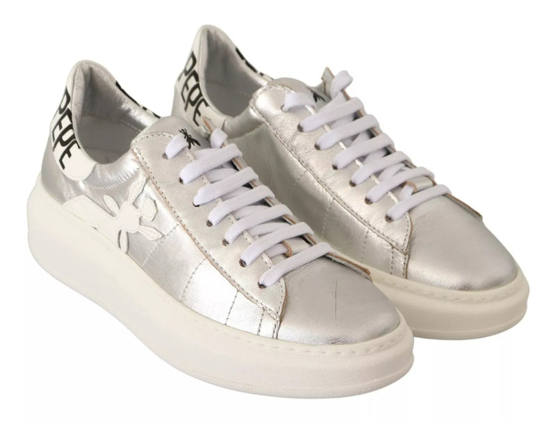 Patrizia Pepe Sneakers en Cuir Plein Grain Argenté à Lacets