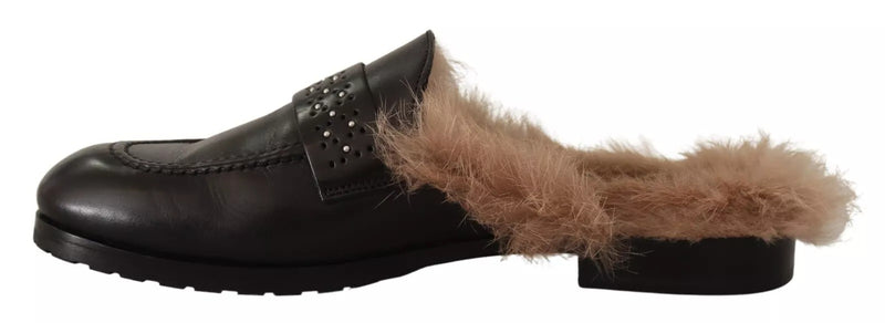 Peserico Black Leather Fur Perforated Slip-On Flats Shoes