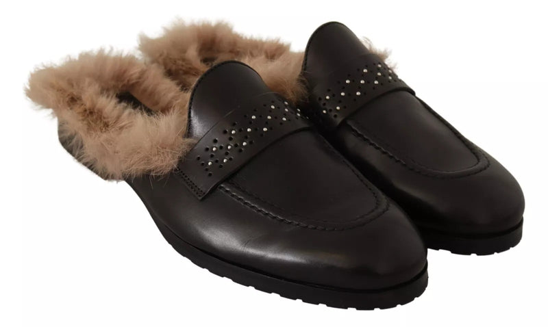 Peserico Black Leather Fur Perforated Slip-On Flats Shoes