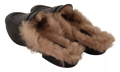 Peserico Black Leather Fur Perforated Slip On Flats Shoes