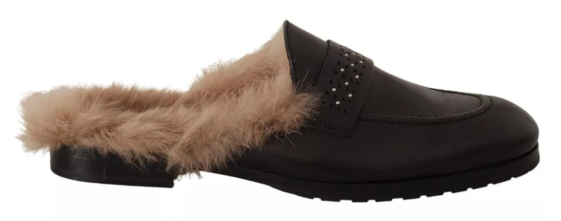 Peserico Black Leather Fur Perforated Slip-On Flats Shoes