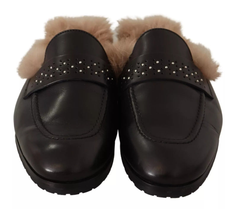 Peserico Black Leather Fur Perforated Slip-On Flats Shoes
