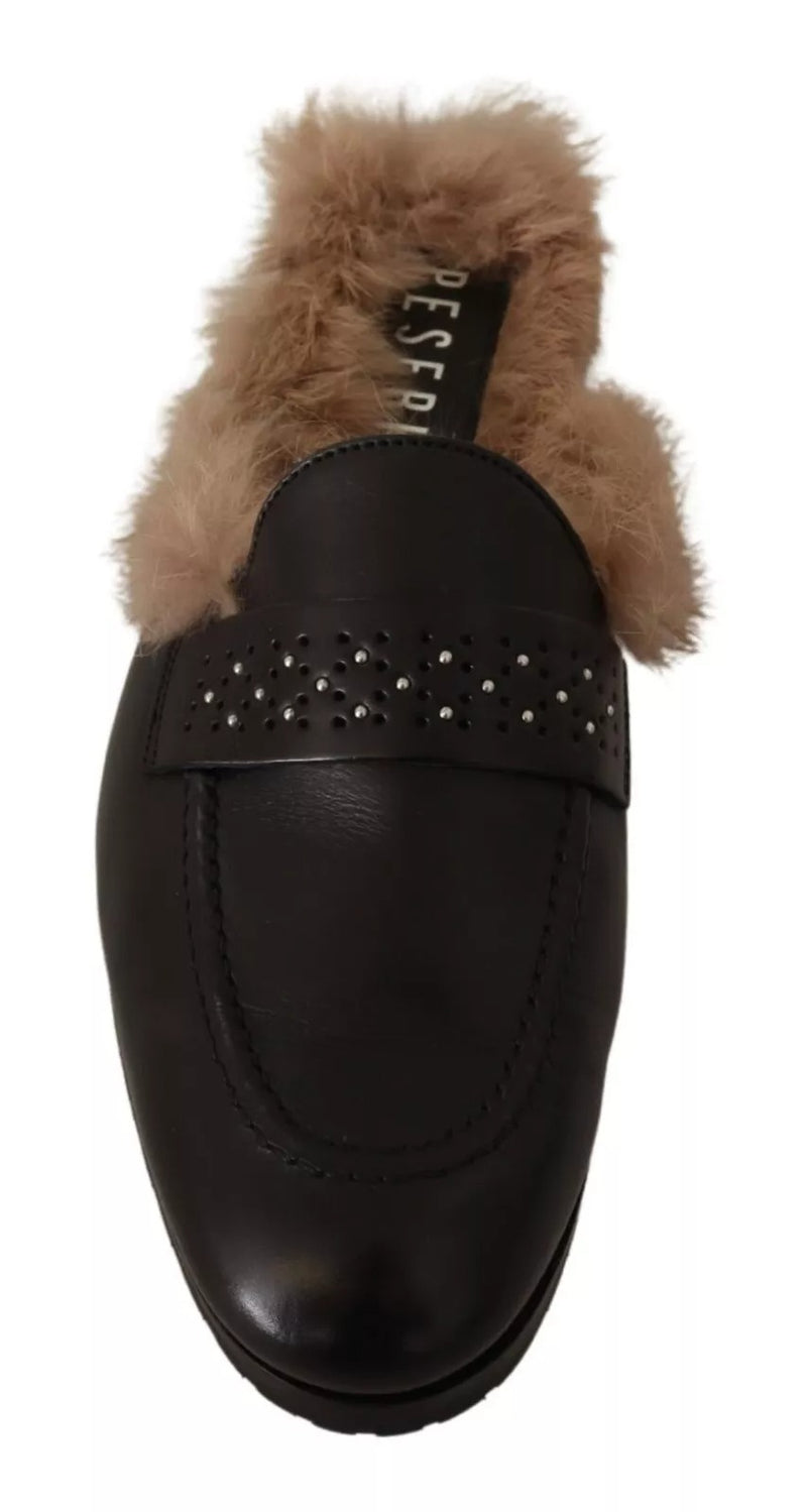 Peserico Black Leather Fur Perforated Slip-On Flats Shoes