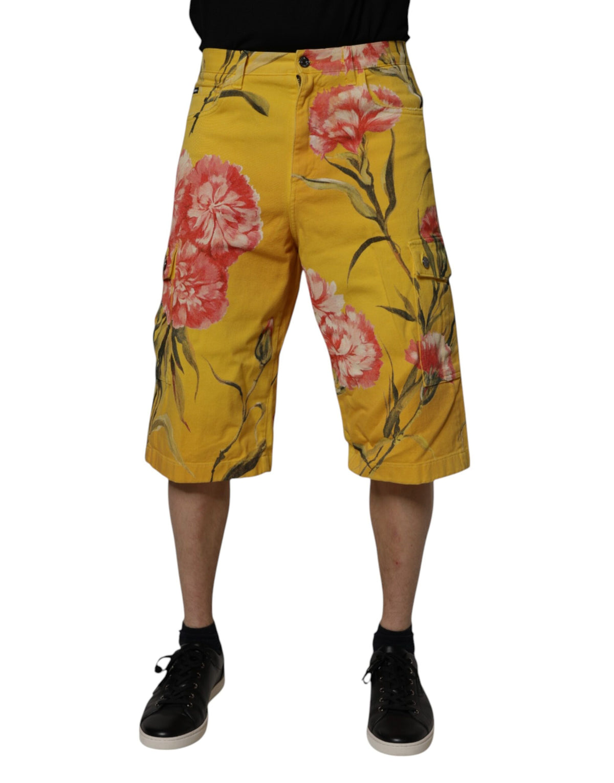 Shorts Bermuda en jean cargo à motifs floraux jaunes Dolce &amp; Gabbana pour homme