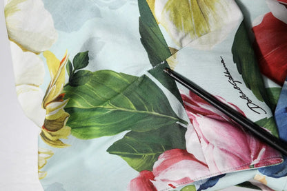 Dolce & Gabbana Green Floral Short Sleeves Cotton V-neck Dress