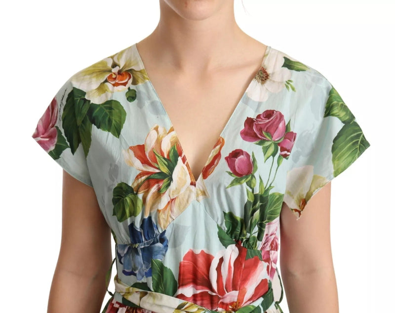 Robe V-neck à manches courtes en coton floral verte Dolce & Gabbana