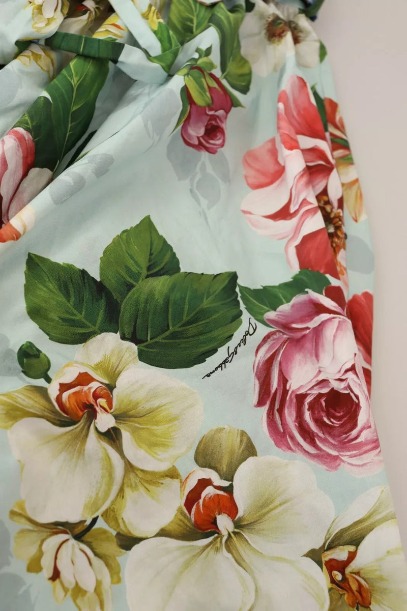 Robe V-neck à manches courtes en coton floral verte Dolce & Gabbana