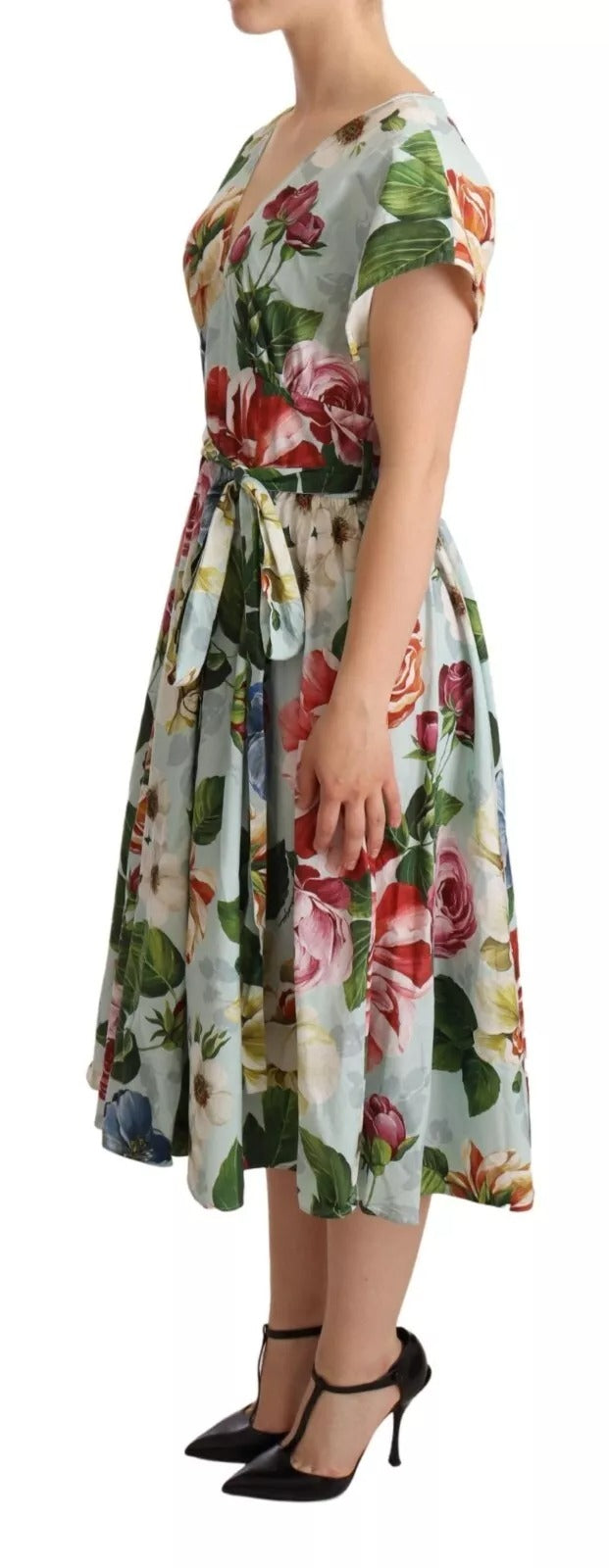 Robe V-neck à manches courtes en coton floral verte Dolce & Gabbana