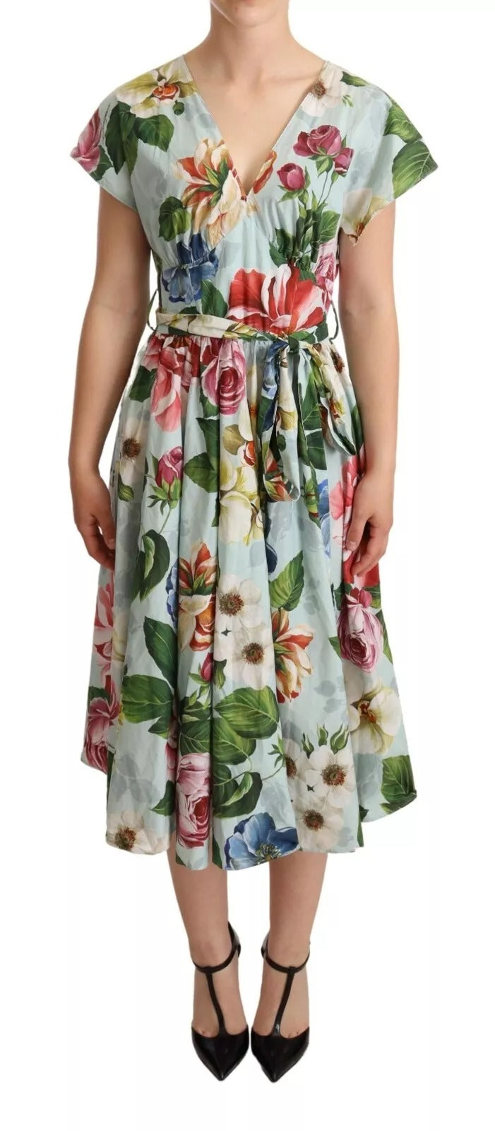 Robe V-neck à manches courtes en coton floral verte Dolce & Gabbana
