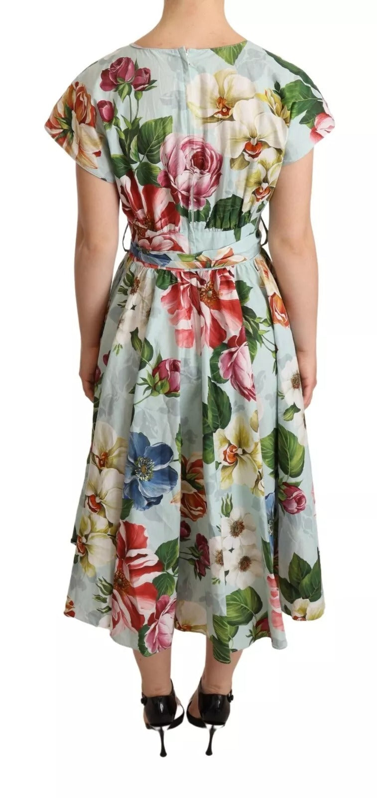Robe V-neck à manches courtes en coton floral verte Dolce & Gabbana