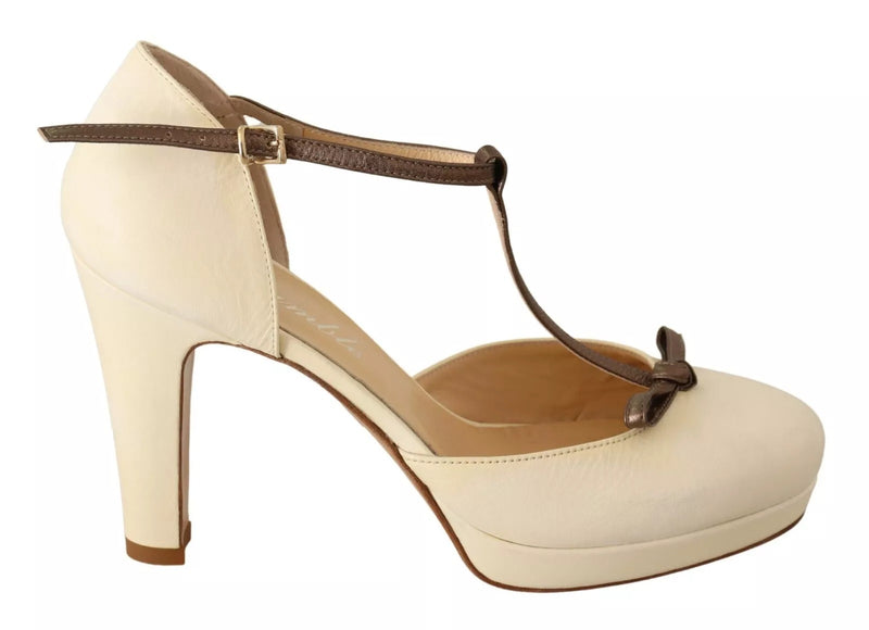 SERGIO LEVANTESI Beige T-Strap Block Heels Pumps - Elegant Leather Shoes