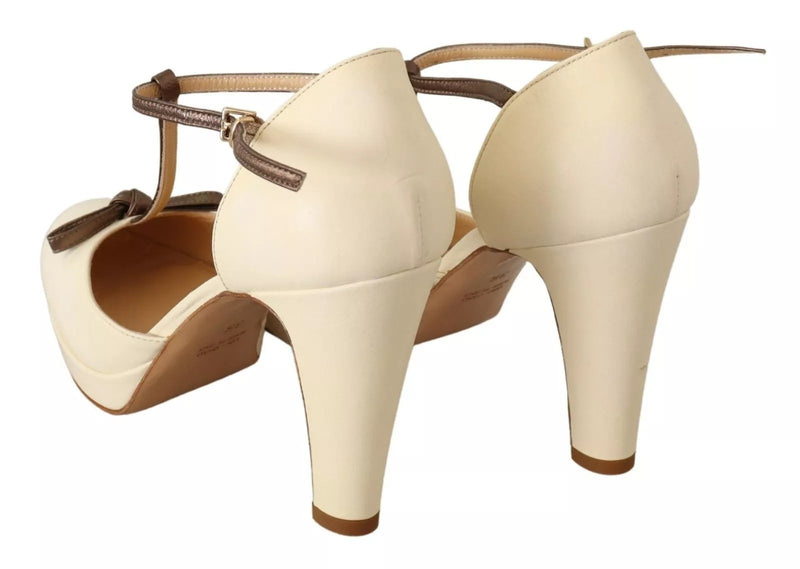 SERGIO LEVANTESI Beige T-Strap Block Heels Pumps - Elegant Leather Shoes