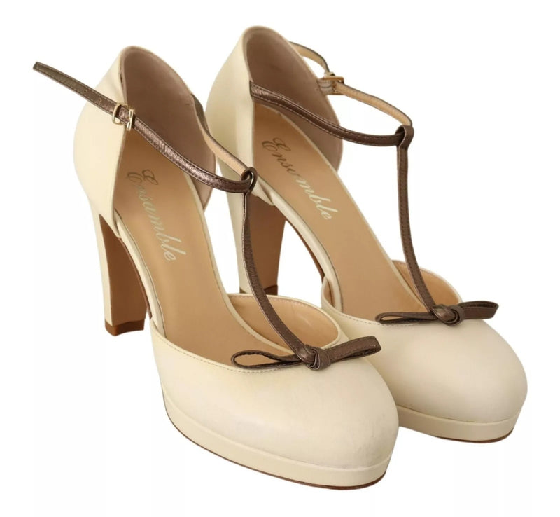 SERGIO LEVANTESI Beige T-Strap Block Heels Pumps - Elegant Leather Shoes