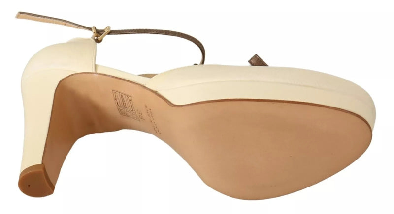 SERGIO LEVANTESI Beige T-Strap Block Heels Pumps - Elegant Leather Shoes