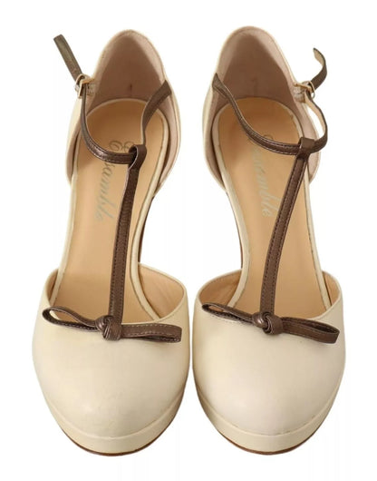 SERGIO LEVANTESI Beige T-Strap Block Heels Pumps Leather Shoes