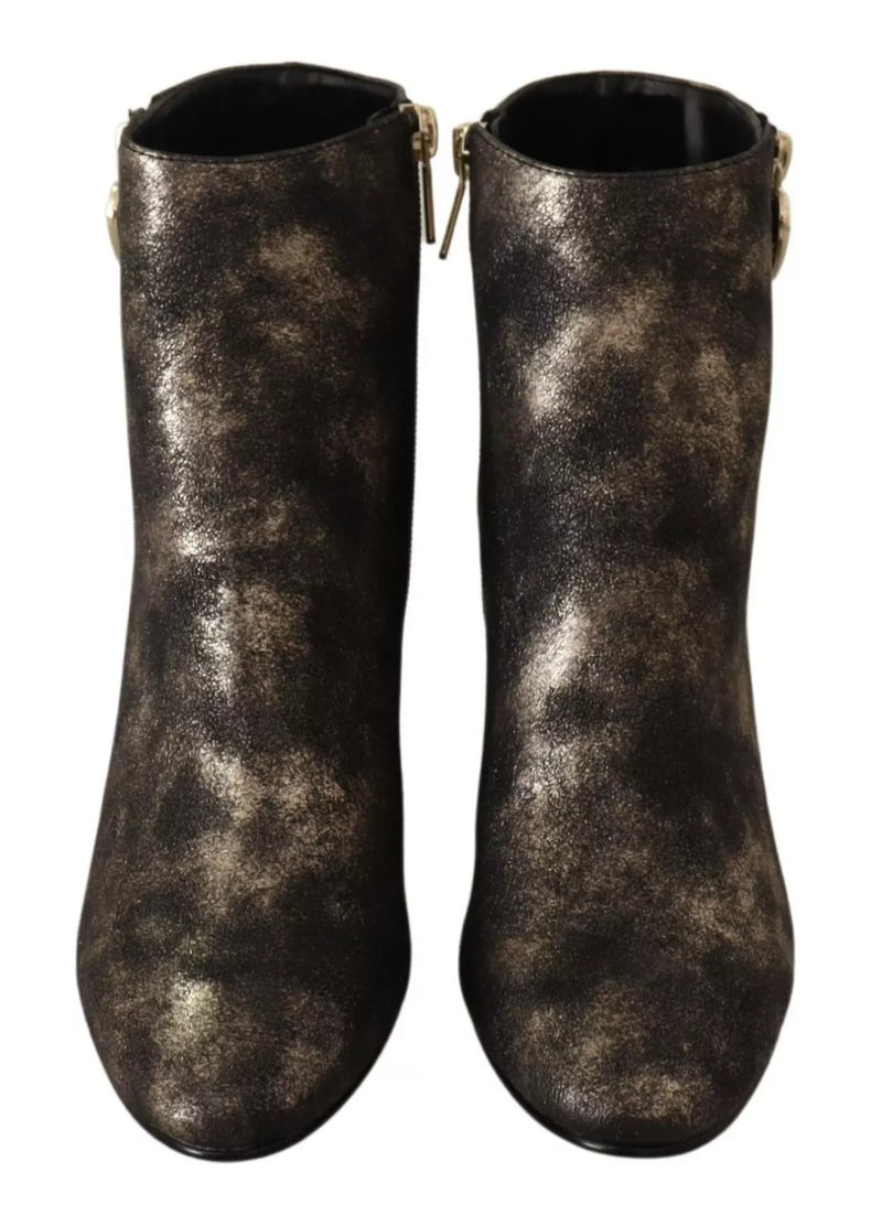 MY TWIN Black Leather Block Heels Ankle Boots with Zipper Closure