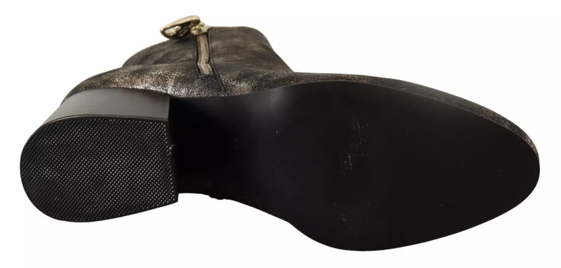 MY TWIN Black Leather Block Heels Ankle Boots with Zipper Closure