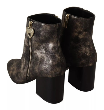 MY TWIN Black Leather Block Heels Ankle Boots Zipper Shoes