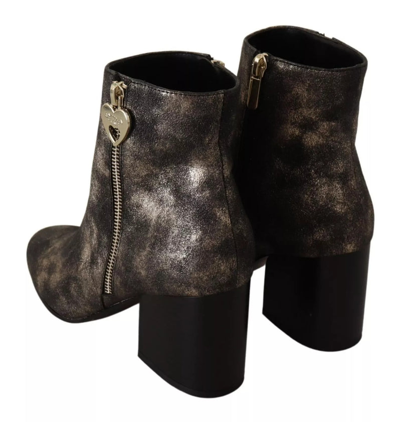 MY TWIN Black Leather Block Heels Ankle Boots with Zipper Closure