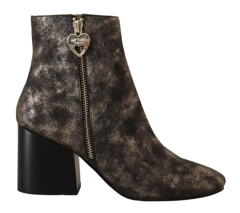 MY TWIN Black Leather Block Heels Ankle Boots with Zipper Closure