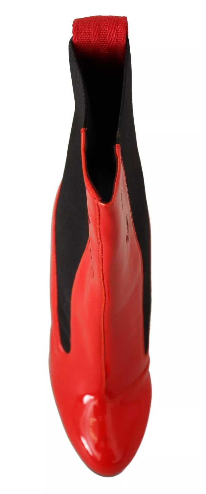 Bottines GCDS en cuir rouge et tissu noir, talons à logo.