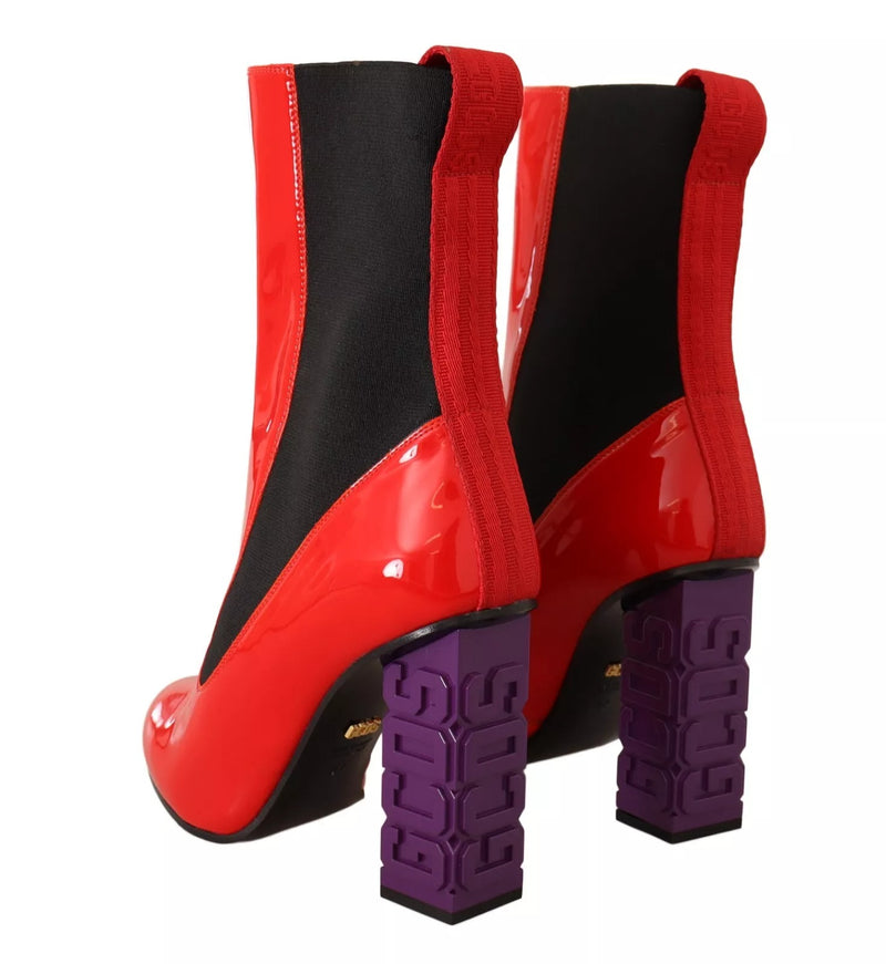 GCDS Red Leather Black Fabric Logo Heel Ankle Boots