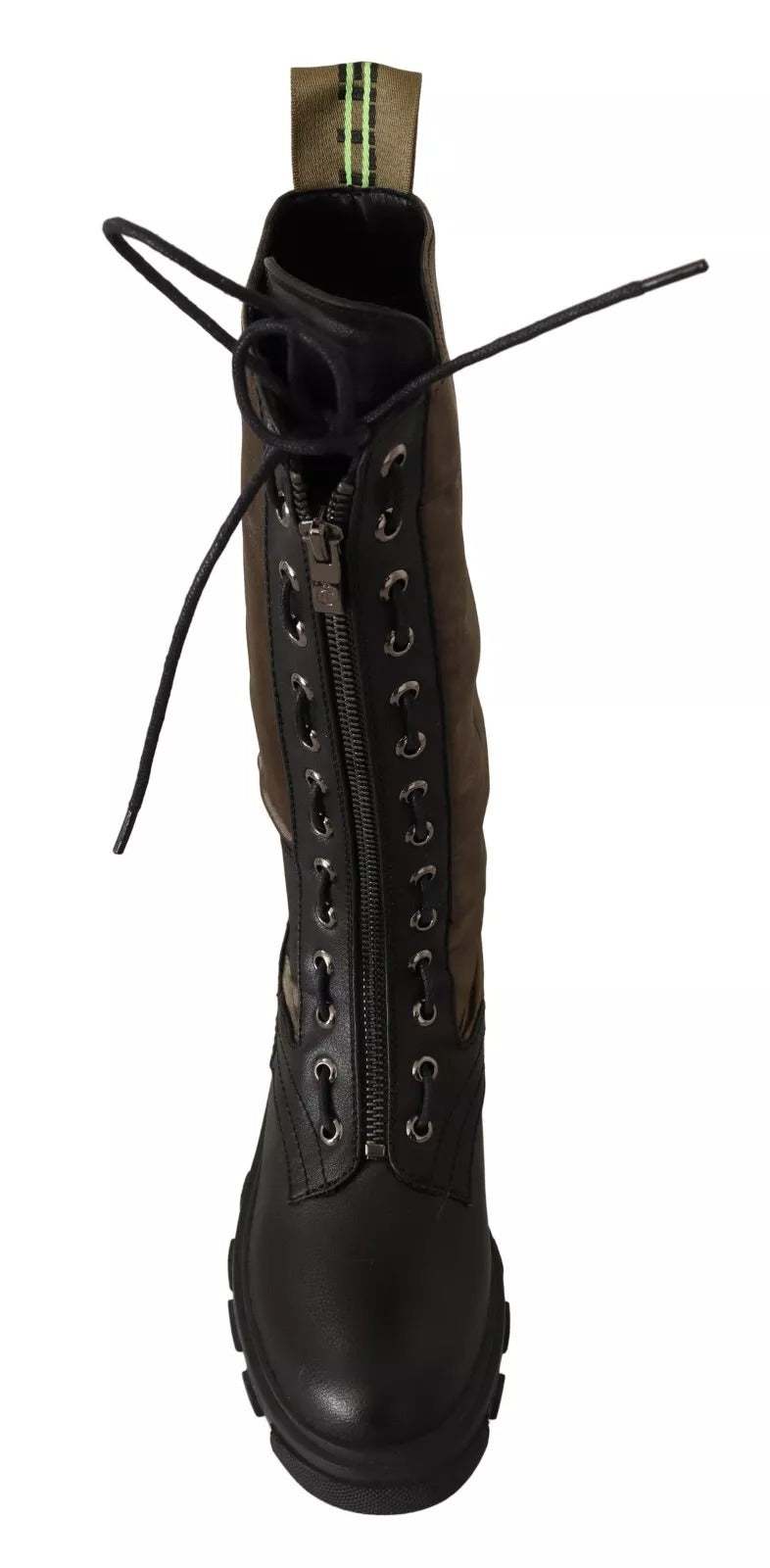 Gaelle Black Green High Combat Boots - Lace Up Military Shoes