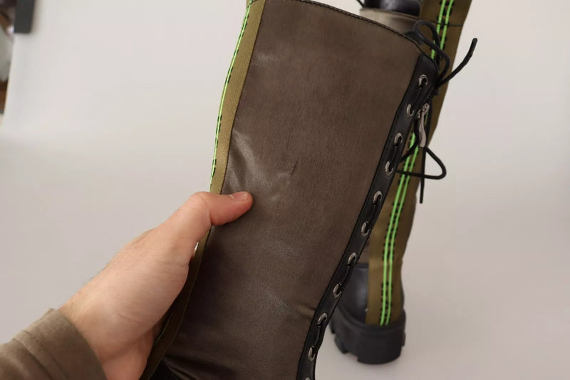Gaelle Black Green High Combat Boots - Lace Up Military Shoes