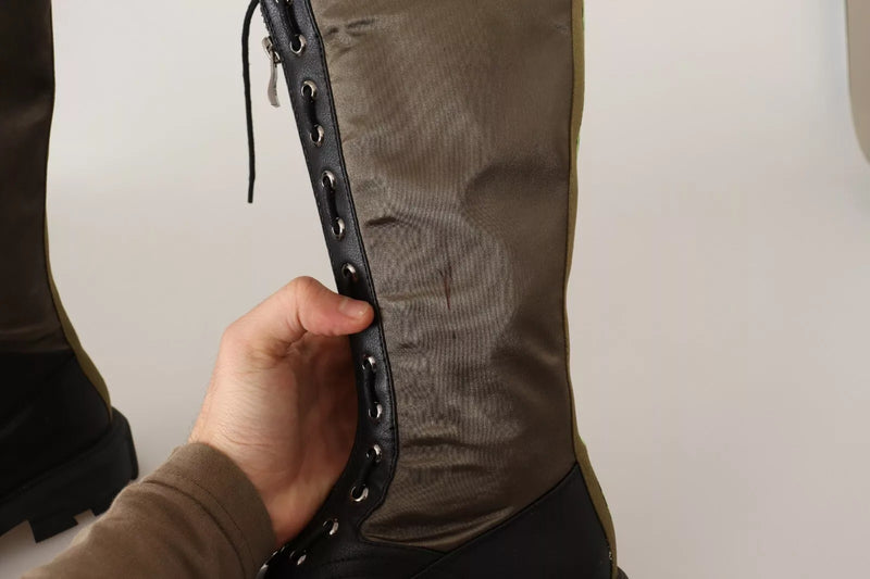 Gaelle Black Green High Combat Boots - Lace Up Military Shoes