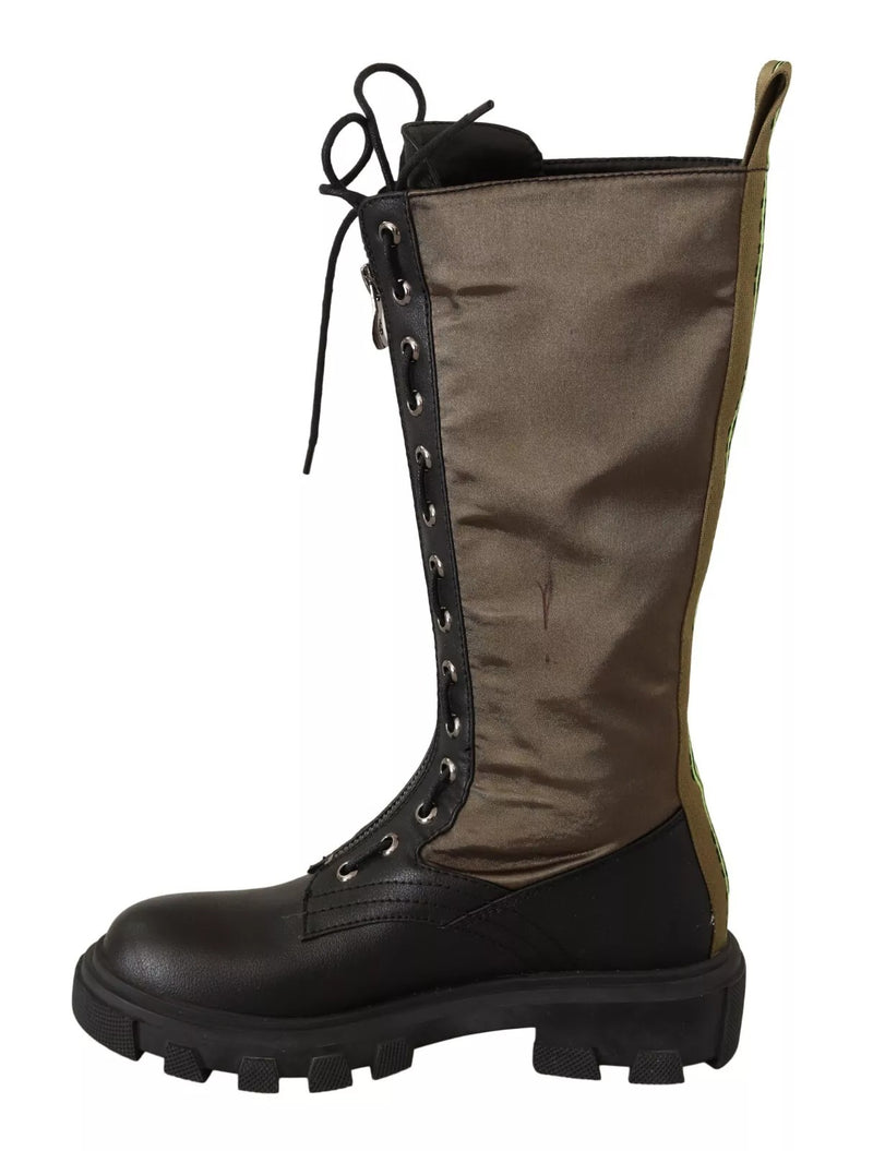 Gaelle Black Green High Combat Boots - Lace Up Military Shoes