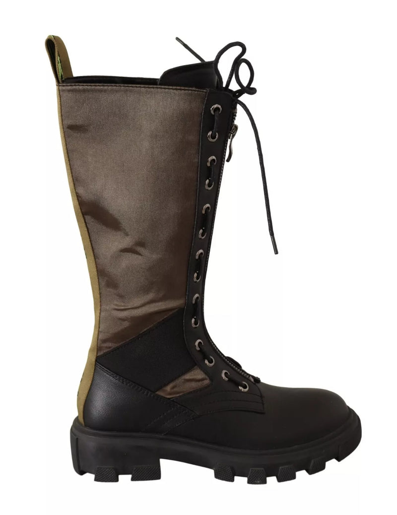 Gaelle Black Green High Combat Boots - Lace Up Military Shoes