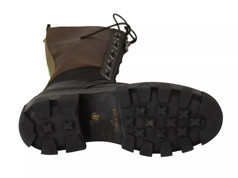 Gaelle Black Green High Combat Boots - Lace Up Military Shoes