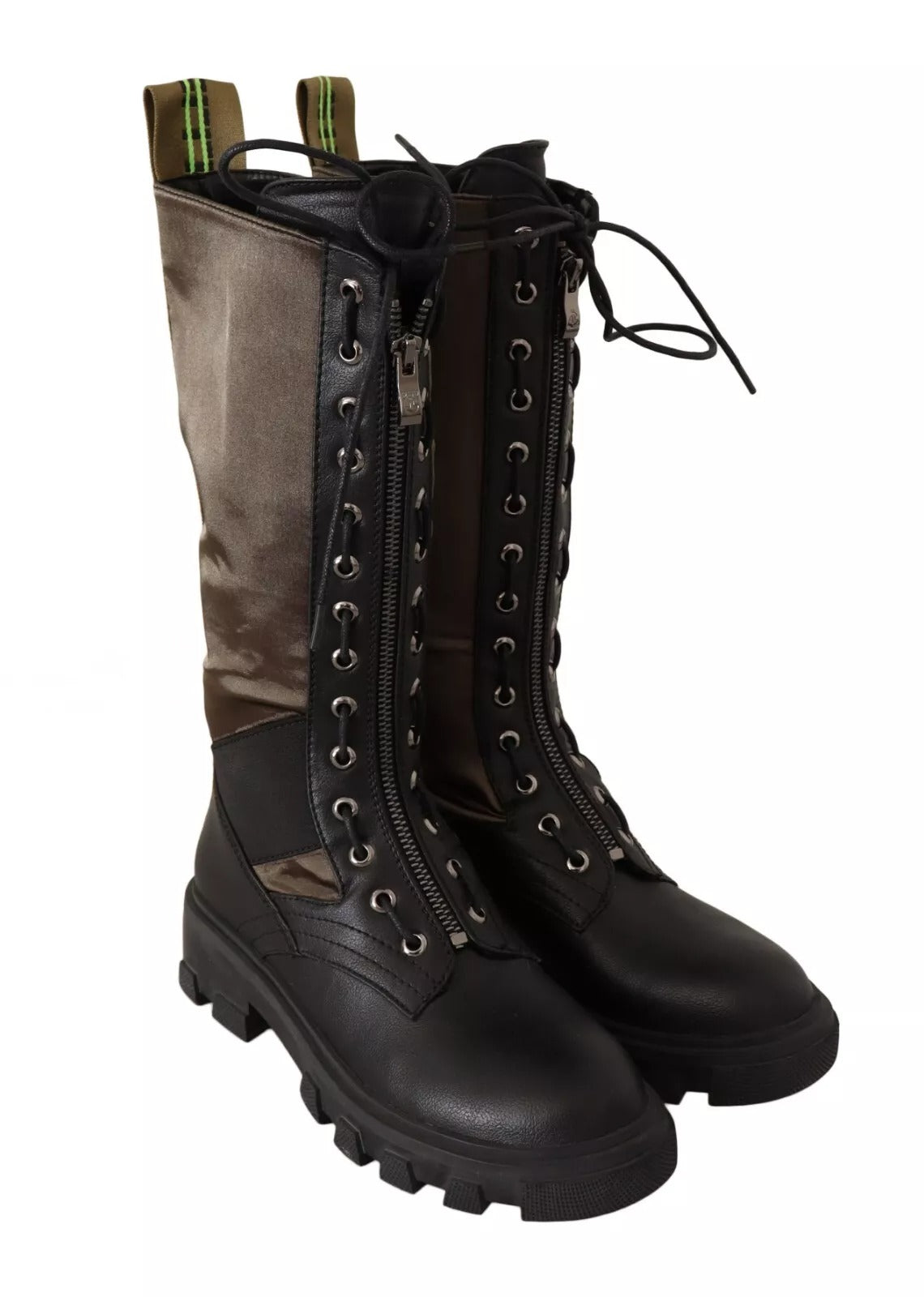 Gaelle Black Green High Combat Boots - Lace Up Military Shoes