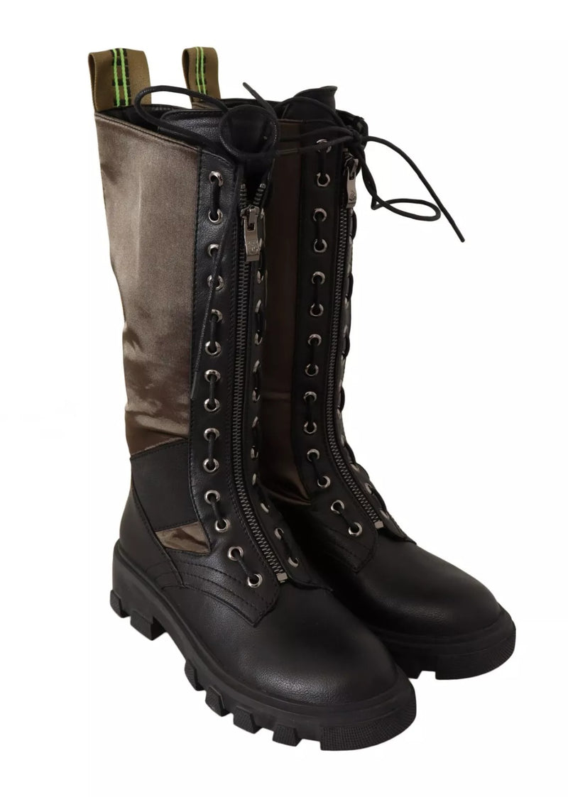 Gaelle Black Green High Combat Boots - Lace Up Military Shoes
