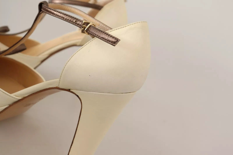 SERGIO LEVANTESI Off White Leather T-Strap Heels Sandals